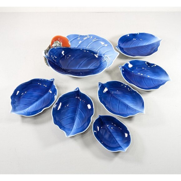 Fukagawa Seiji Japanese porcelain Leaf shaped dishes, Blue Persimmon sauce soy - Picture 2 of 16